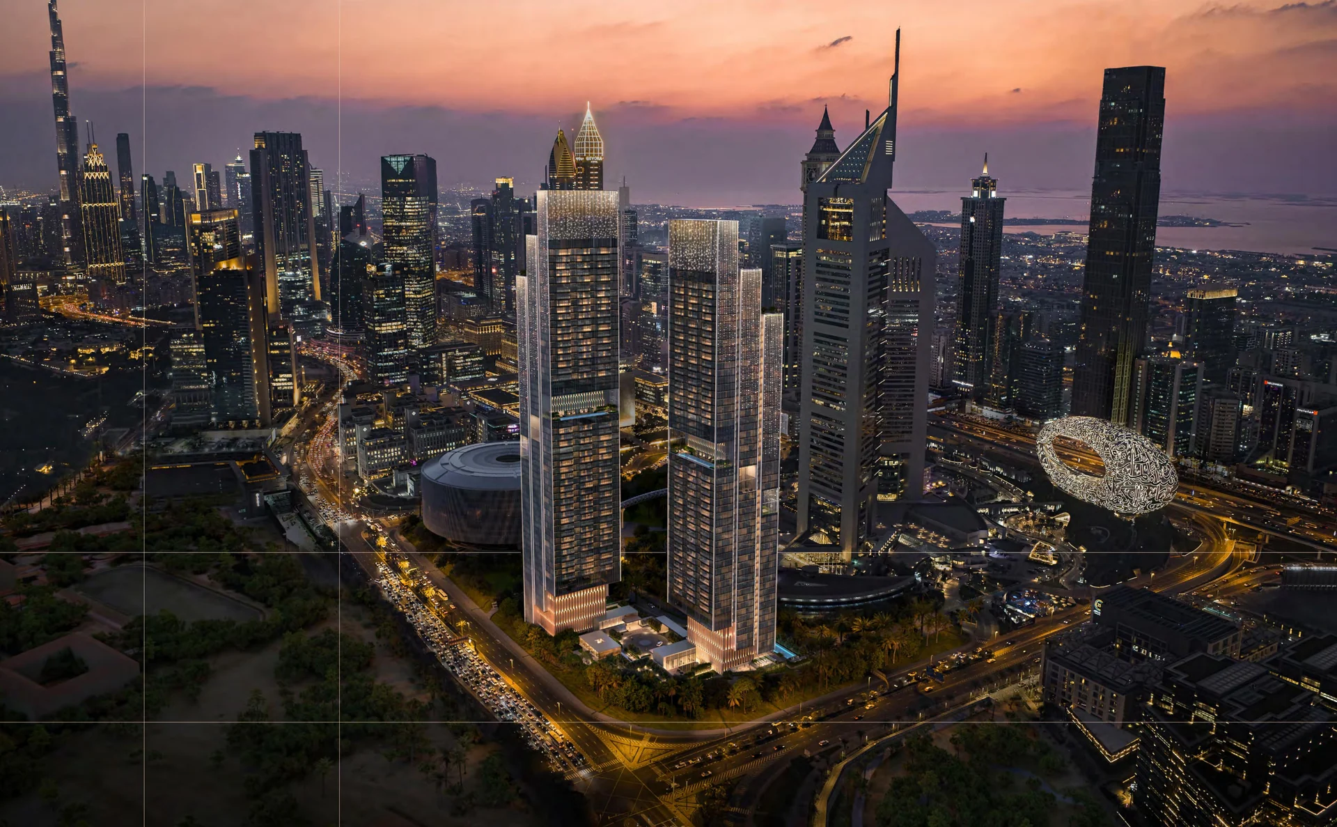 Dubai skyline residences beside the Museum of the Future at dusk
